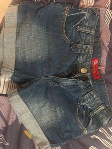 White &amp; Blue Denim Shorts with Frayed H