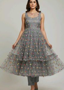 2 metre Elegant Grey Tiered Anarkali Kurta Fabric