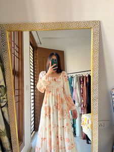 Peach-Cream Square Neck Midi Dress
