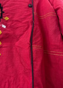 Red Cotton Linen Kurta With Embroidery