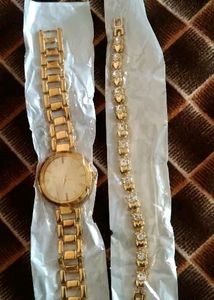 Watch And Bracelet Combo- Golden