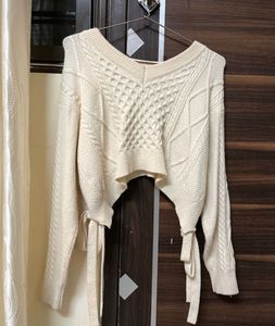 Cream Knit Cropped Sweater With Ribbons