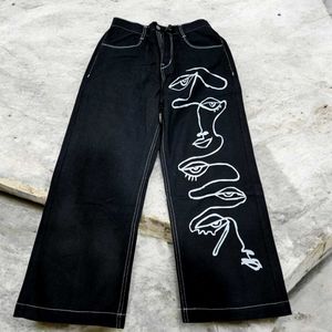 Black Wide-Leg Artistic Face Print Pants