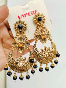 Gold Plated Black Kundan Antique Earrings/Jhumka