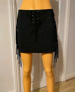 Zara Black Faux Soft Suede Laces Tassel Mini Skirt