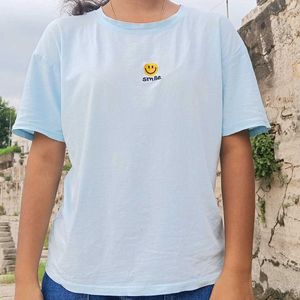 Solid Plan Sky Blue Summer Tshirt For Women
