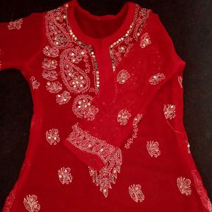 RED CHIKANKARI Suit Set