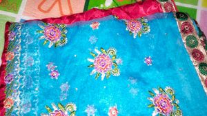 Blue Maroon Floral Net Saree