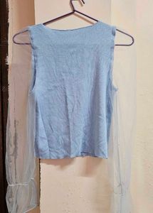 Cute Blue Korean Top With Lace Sleeves