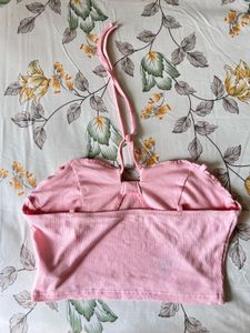 🎀 Pink Ribbed Halter Crop