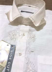 Men&#39;s cotton silk white shirt with embroidery