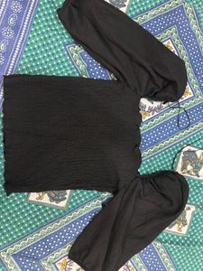 Black Smocked Puff Sleeve Top