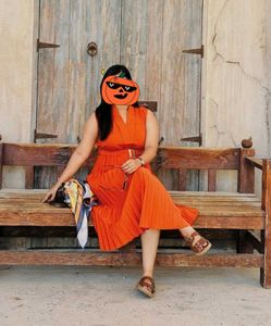 Orange Pleated Midi Dress