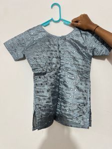Grey Polka Dot Maxi Skirt With Glass Work Blouse