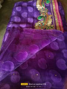 Purple Embroidered Sari Fabric