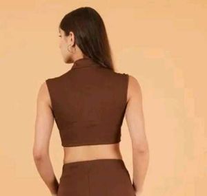 Brown Sleeveless Crop Polo Collar Top