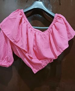 Pink One Shoulder Ruffles Crepe Crop Top