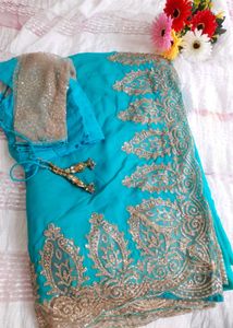 Teal & Gold Embroidered Saree