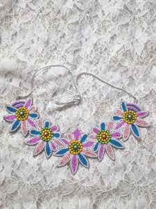 Blue Pink Beaded Floral Necklace Set
