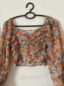 Flowers Print Crop Full Sleve Top For Girls