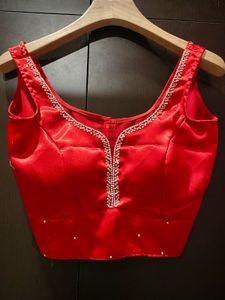 Red Satin Blouse with Intricate Beading