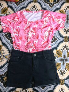 🙆Combo Offer | Denim Shorts With Pink Heart Top💕