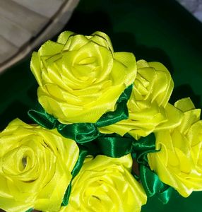 Ribbon Yellow Rose Flower, Pack Of 5