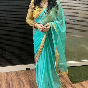 Elegant Aqua &amp; Gold Border Saree