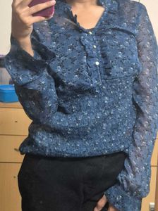 Elegant Navy Blue Floral Sheer Top – Size L