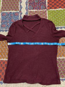 Shein Burgundy Crisscross Mock Neck Top