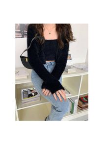Korean Black Faux Fur Crop Top For Women