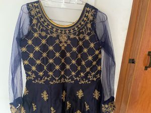 Navy &amp; Gold Embroidered Anarkali gown