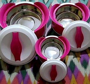 Set Of 3 Pink And White Milton Casseroles
