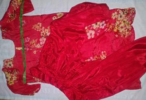 Red Floral Print Kurta Creap Silk