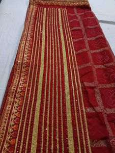 Red Saree With Golden Print Work