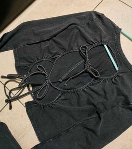 Backless Black Long Sleeve Tie Back Top