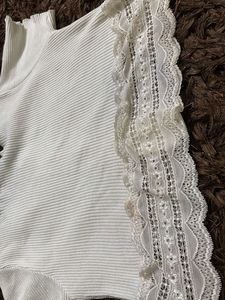 White Ribbed Lace Trim Crop Top