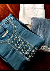Teal Embroidered Kurti Set
