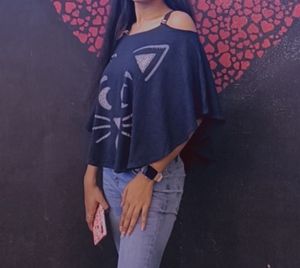 Cat Print Off Shoulder Partywear Top