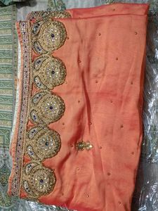 Peach Saree with Gold & Blue Embroidery