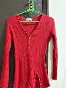 Red Ribbed Long Sleeve Top