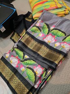 Art Silk Black Grey Handpainted Saree With Blouse