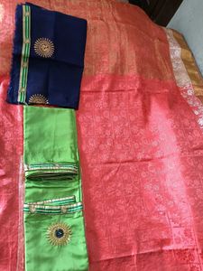 EmbroidarParrotGreen&amp;Blue LaceBorder PolySilk Sare