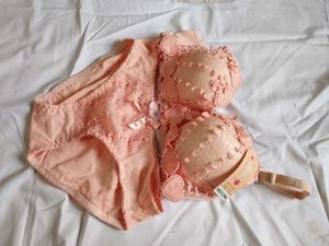 Peach Laced Bra Set