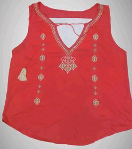 Tops Red Embroidered Sleeveless To