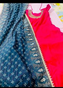 🌸 Designer Pink Gown with Heavy Embroidered Blue