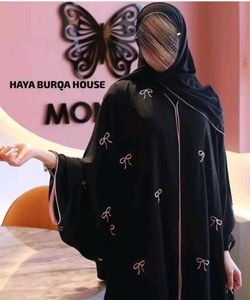 Elegant Black Abaya with Pink Bows