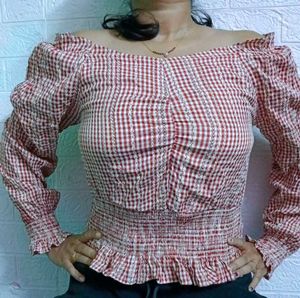 Red Gingham Off-Shoulder Top