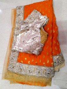 Heavy Work Net Saree With Stitched Blouse