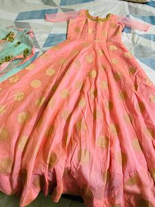 Peach Long Kurta With Work Dupatta Pant Set
